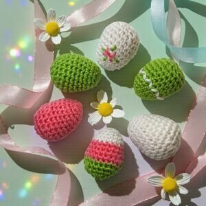 Crochet Eggs - Coral Lime White - Set of Six - Handmade